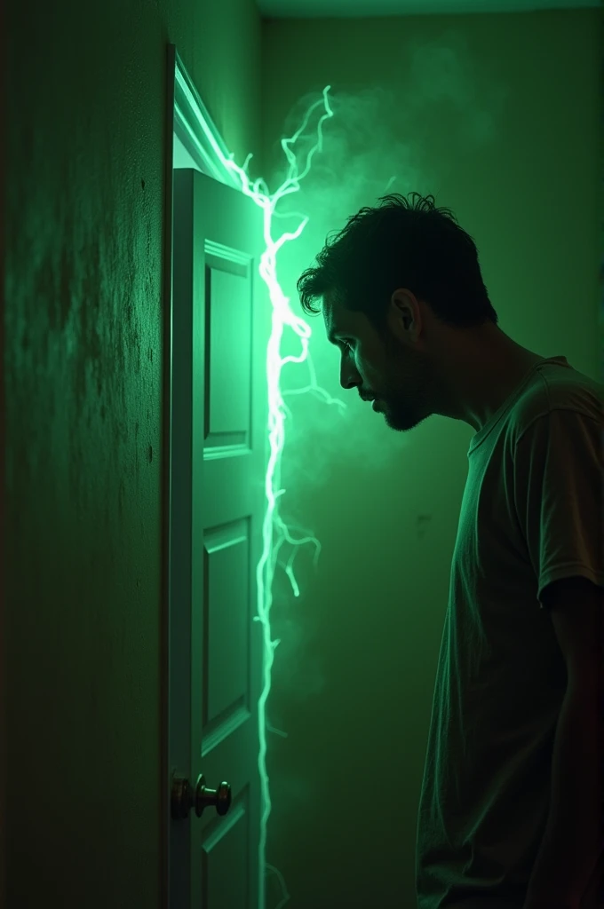 A man investigating a strange crack that is in a wall of his house and emits green light and haze. terror, realistic, 1990, glitch in the matrix