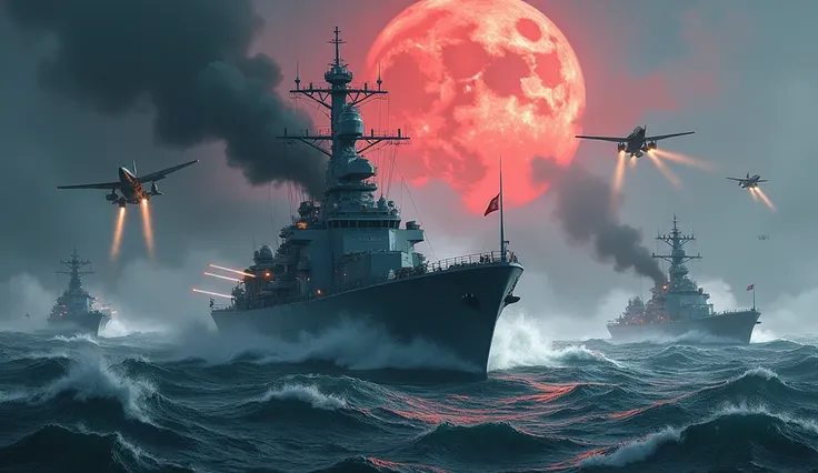  A battle in the rough sea ,  modern warships with planes shooting missiles , destroyers ,  modern nuclear aircraft carriers ,  smoke and fire in the air and storm clouds and a red moon behind my planes.