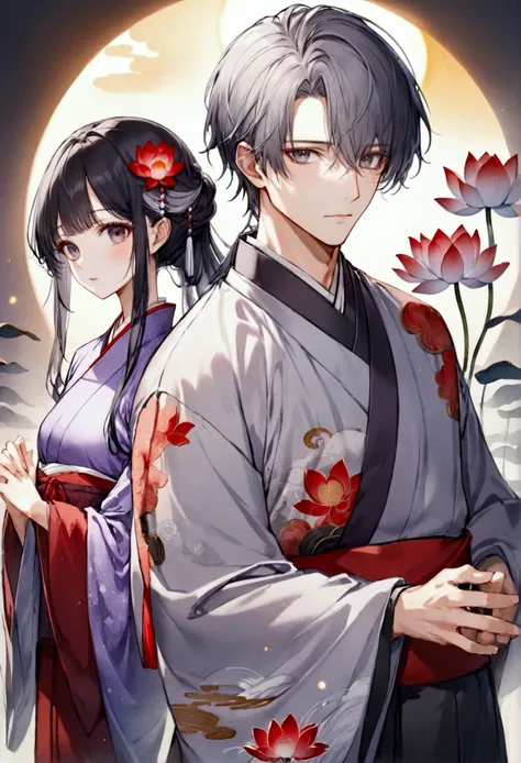 two. man and girl. girl with grey eyes ,  black hair with grey locks at her temples,  in purple hanfu with lotus embroidered . Next to her is a man with red eyes in white and red hanfu with sun embroidered on his sleeves.