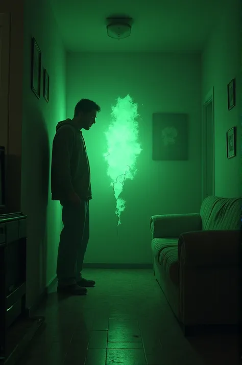 A man investigating a strange crack that is in a wall of his house and emits green light and haze. terror, realistic, 1990, glitch in the matrix