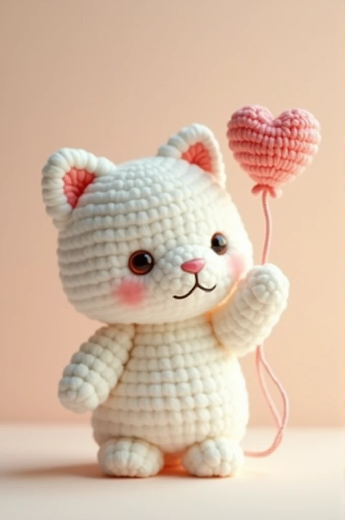 Amigurumi white cat with heart balon on the right hand 