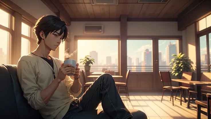 anime - style image of a man sitting on a couch holding a cup of coffee, lofi portrait, relaxing atmosphere, relaxing concept art, cozy cafe background, relaxing mood, lofi artstyle, anime. soft lighting, lofi art, makoto shinkai. digital render, relaxing ...