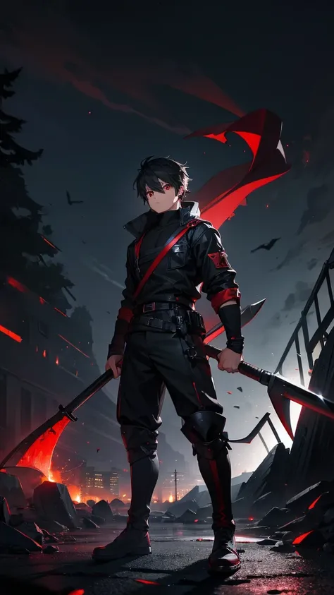 boy , red eyes ,  black clothes , holding a big axe in a fighting position in a night dark city ( high quality picture)