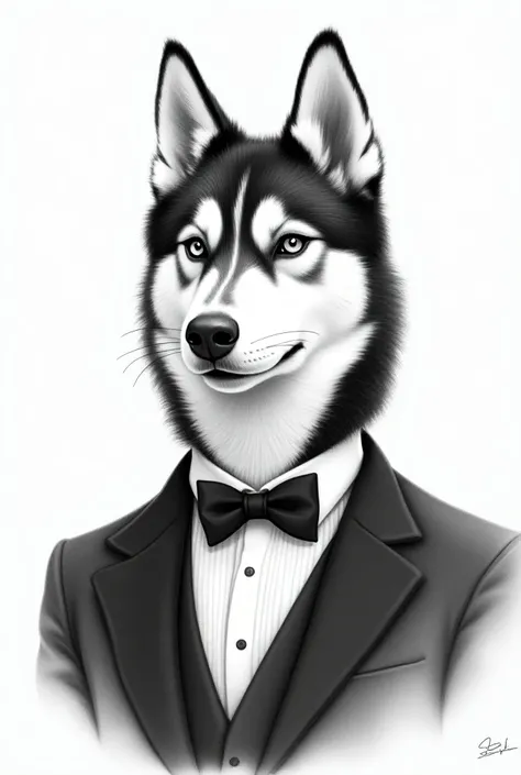 Elegant person with the face of a Husky dog black and white drawing in frame as a portrait 