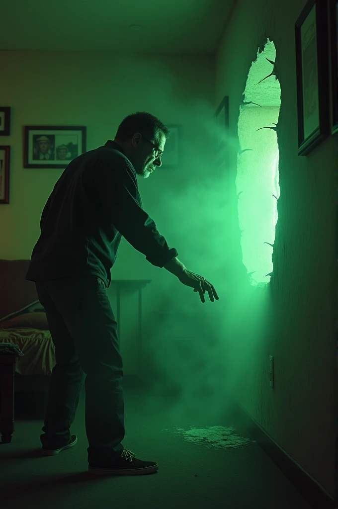 A man investigating a strange crack that is in a wall of his house and emits green light and haze. terror, realistic, 1990, glitch in the matrix