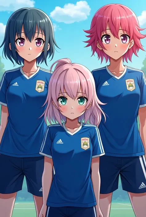 Bachira and Isagi and a Neapolitan-haired girl with eyes that are half mint color and half pink in the blue lock uniform 