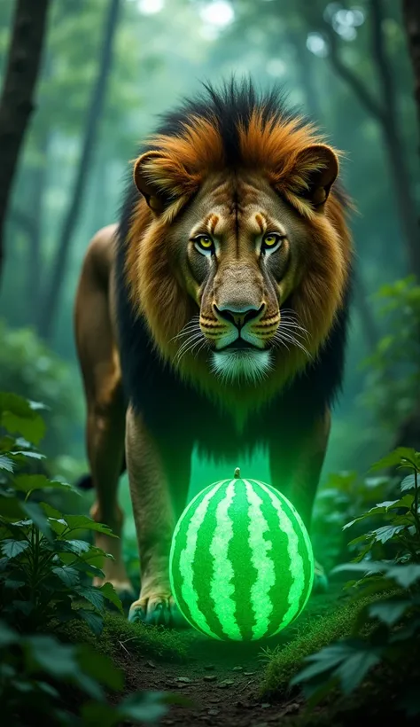 Lion in jungle smelling water melon which is glowing green HD 