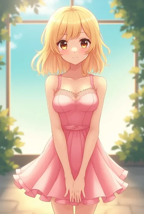 40-year-old woman, with brown eyes ,Blonde haired , short pink dress with neckline,anime