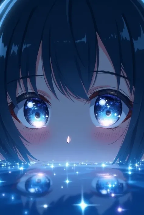 eyes are large and shiny ,  of a silver tone with multicolored reflections,  like the night sky reflecting the stars . simple anime style