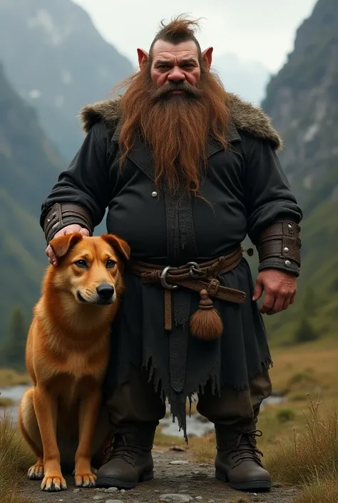 Big haired dwarf in a black shirt with a caramel dog on his side 