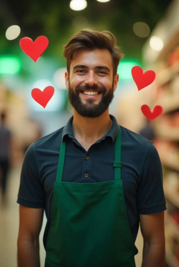  Create an image with the features defined in the tag and avoid using the features defined in the tag .  - A smiling young man ,  full beard style and well-groomed hair with a light tuft ,  by wearing a dark blue polo shirt and a dark light green strappy a...