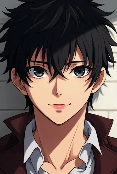  18-year-old white-skinned young man, Not so marked jaw , anime style,  with black and somewhat manly eyes ,  with crimson lips and slightly marked Adams apple ,  black hair with dark lead something messy and pointed,  with a little more volume ,  With som...