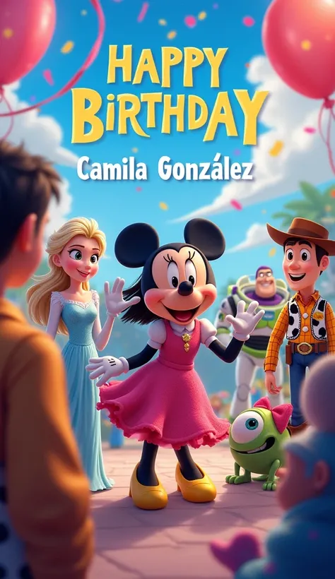  Disney characters with the text" Happy Birthday "Camila González "Pixar, 