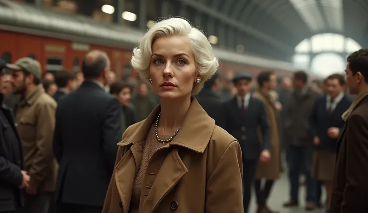 A 30-year-old woman with very short and wavy white hair, wearing a brown jacket, showing the signs of extreme wealth, standing next to a train station among many people, standing as if she was lost, a very realistic picture, in 1950