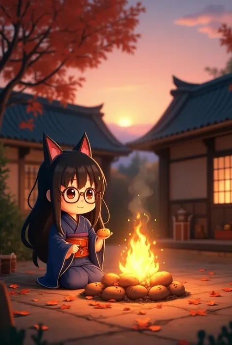 3D, Sunset sky. Garden of an old folk house in Japan. Bonfire with fallen leaves. Roasting sweet potatoes on a bonfire. Chibi character. A beautiful girl with black hair and cat ears of a chibi character. Glasses. Smiling face. Navy blue yukata