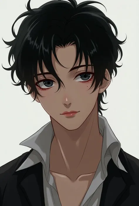  18-year-old anime-style young man with white skin, Not so marked jaw , with black eyes and manly ,  with crimson lips and slightly marked Adams apple ,  black hair with dark lead something messy and pointed,  with a little more volume ,  With some hair on...