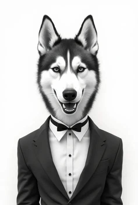 Elegant person with the face of a Husky dog black and white drawing in frame as a portrait 