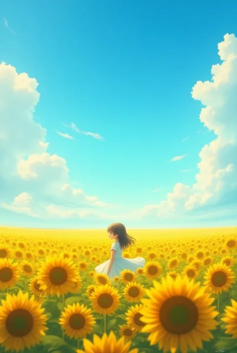 A field of sunflowers with a beautiful sky and in the middle of it a girl kneeling 