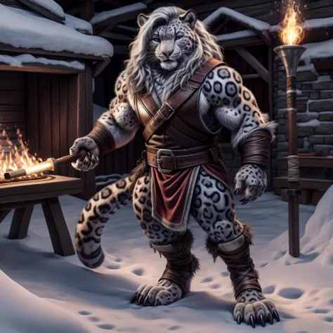 snow leopard, blacksmith , with mane, holds a forge hammer, 4 fingers with medium-length claws, 3 toes with long claws, very det...