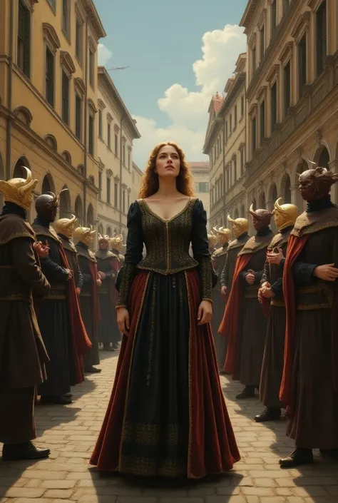 Make a Renaissance painting, Where a woman looks up .  She is standing in the middle of the street and several people pass by her , some are wearing angel masks and others are wearing demon masks 