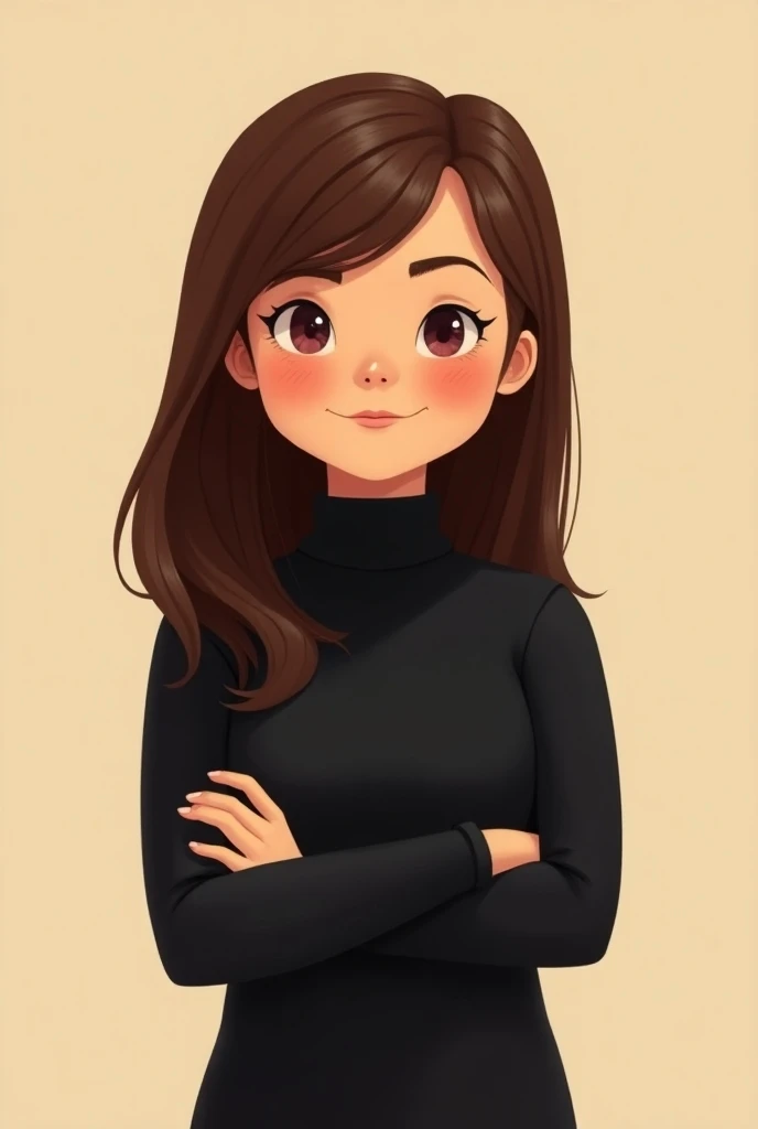 Disney Pixar style cartoon chubby brunette woman straight shoulder length hair crossed arms wearing a black turtleneck shirt 