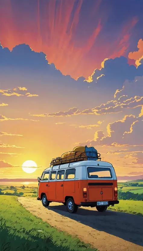 (Minimalism:1.4), Draw a simple Tintin style art a minibus camping sunset clouds , studio ghibli art, miyazaki,  , Makoto Shinkai!!, anime movie background best quality best of SeaArt HD
