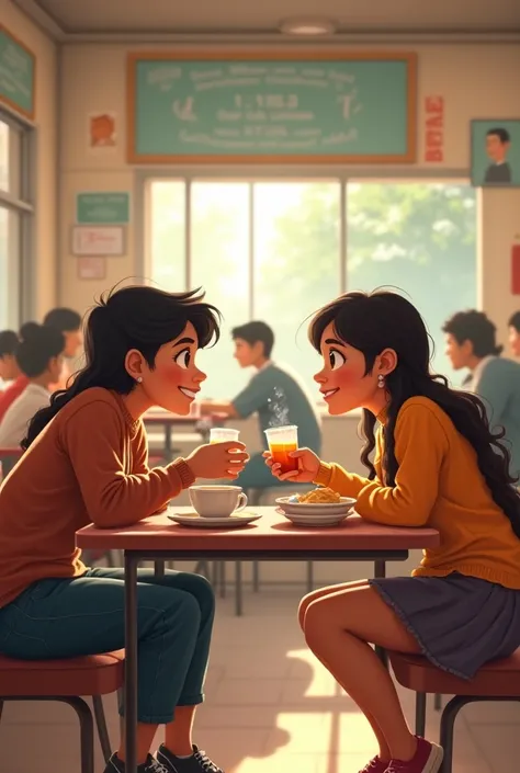 Canteen Fun: A scene in the college canteen, where Bhagya boy  and Sheela girl are sitting drinking tea. They are jokingly talking about their future plans and dreams. background scene of collage canteen" make a realistic image