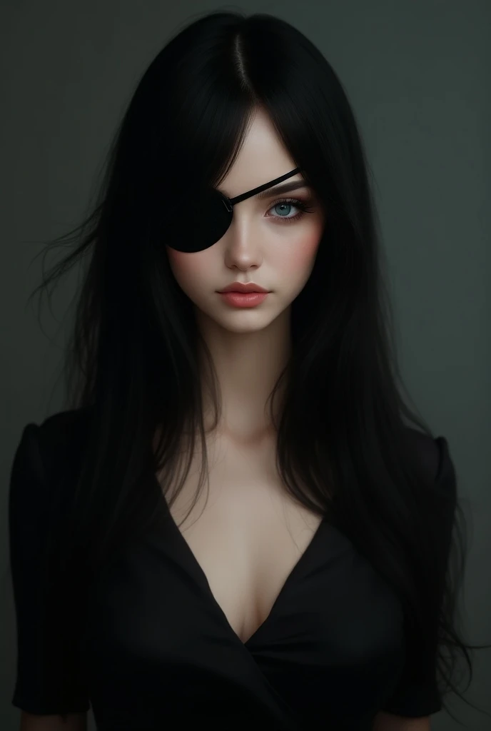 Beautiful young woman with a patch on her left eye,  with long, straight black hair, blue eyes, black dress with neckline.