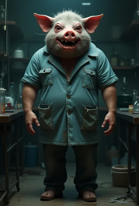 Create a man with a fat, dirty pigs head and blue lab coat