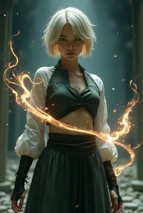 Blonde woman short hair, in ninja ,  costume surrounded by magic light coming out of magic chains from her fingers. 