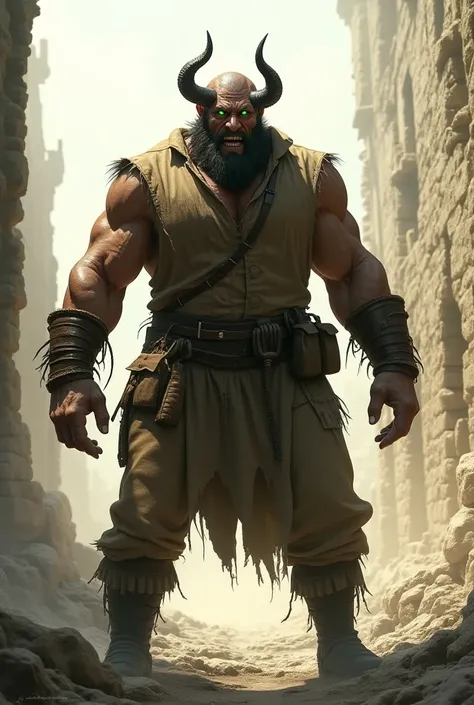   him: berserker warrior, humanoid monster, big sluts,  linen pants,brown linen shirt, belt with small bags of food, black horns ,intense green eyes, atletico, furious pose, bright background in castle ruins, ((very precise and detailed)) ((High resolution...