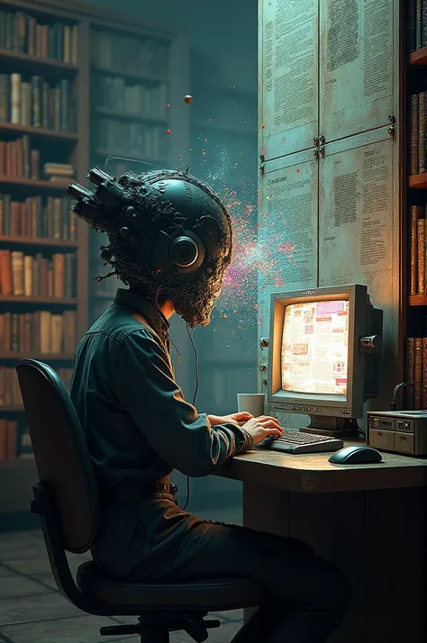 A computer mixes with the writing and the wall. Error in the matrix, realistic, weird, sci-fi, dramatic, 1990s, library, LSD