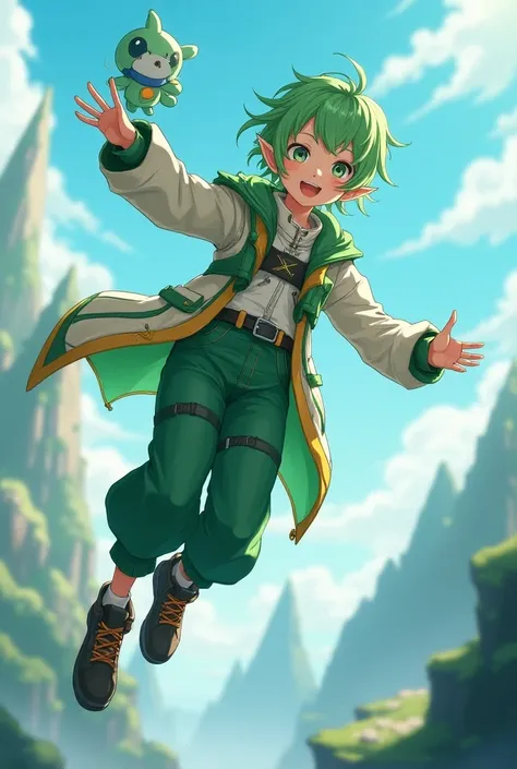 anime girl, Elf green hair, short, flying, techwear, paimon, genshin impact, baggy clothes