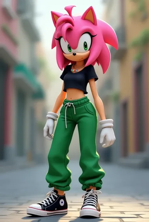 Images of Amy Rose wearing loose green pants and wearing a short black shirt and Converse shoes 