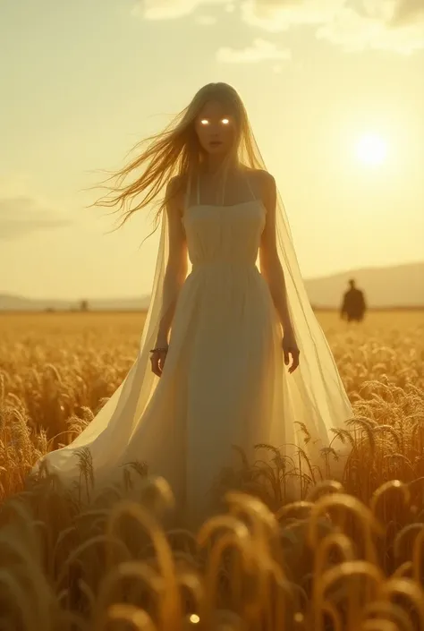 Depict a mysterious and ethereal female ghost full of rage, hunting on farmers in the middle of a sun-drenched, golden wheat field. The heat of noon shimmers around her, distorting the air as if reality itself is bending. Her long, wind-swept hair blends s...