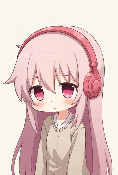    The chibi girl keeps her long, light pink hair, but her expression is melancholic .  Her big, pink eyes seem dull ,  with her eyebrows slightly tilted down .  The pink headphones are still on her head ,  but now they seem almost careless ,  as if she di...