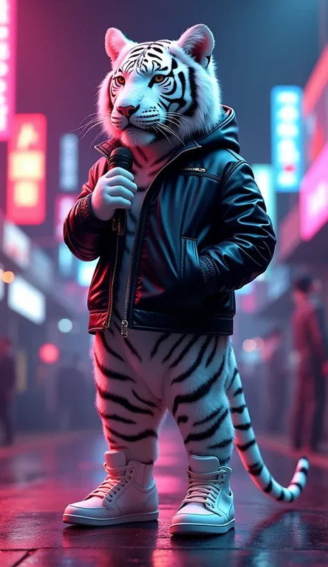 Imagine an elegant white tiger ,  dressed in a leather jacket and stylish sneakers ,  holding a microphone on a neon-lit stage,  representing Japans urban culture .
