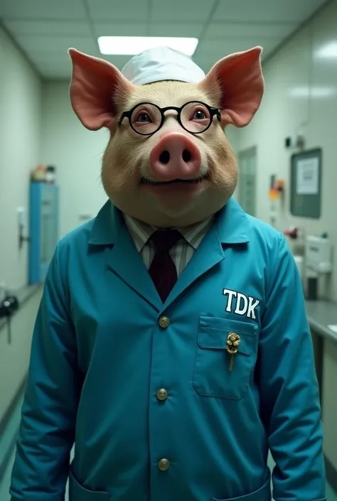 Create a man with a fat and dirty pigs head and in blue lab coat written TDK and glasses and with a white doctors cap