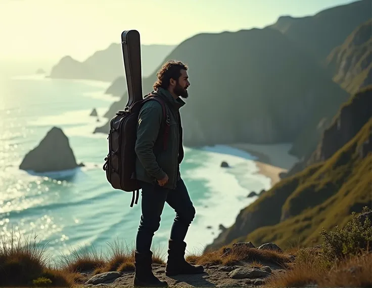 man on the coast, black hair, WITH A GUITAR ON HIS BACK