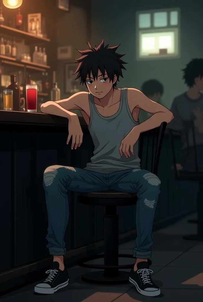 Drunk teenage male anime character sleeping on a bar chair wearing a gray tank top wearing jeans and black sneakers