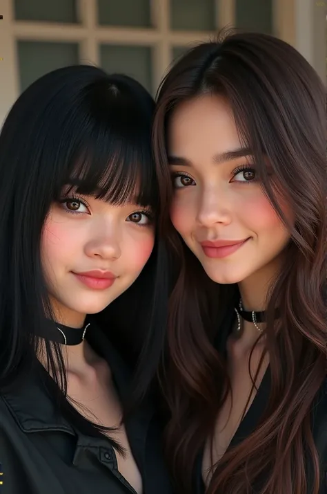 Realistic, a selfie of two young women. A woman with black straight hair with strands of hair covering her face wears emo-like clothes and looks cool, while the other woman is smiling has long brown hair and brown eyes and is beautiful.