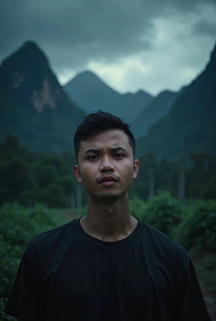 an Indonesian man, white skin, clean, short hair, is looking at the camera. with black cinematic backgrounds, mount tree, aesthetic, awesome, radiant