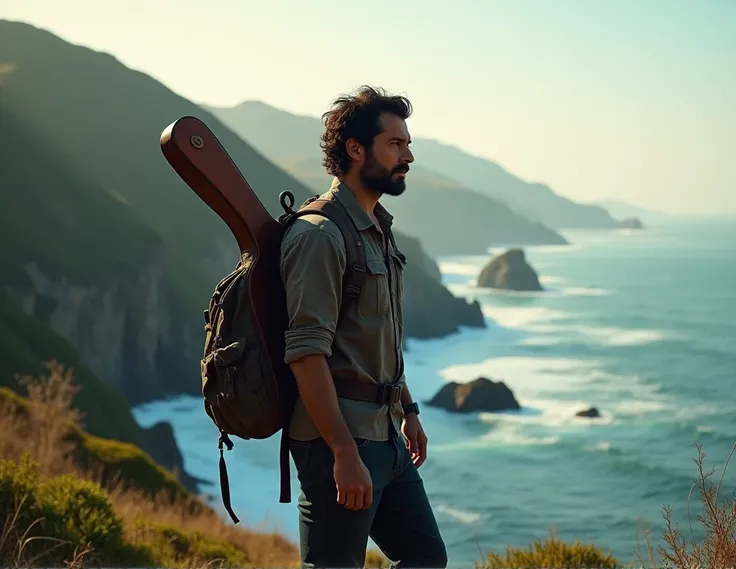 man on the coast, black hair, WITH A GUITAR ON HIS BACK