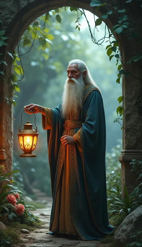 Christian Rosenkreuz depicted as a wise sage in flowing, ornate garments, standing at the entrance of a mystical garden, with exotic plants and ancient symbols, holding a lantern and looking contemplative, set in a serene, ethereal landscape, hyper-realist...