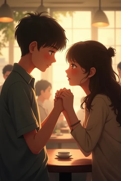 The boy is holding the girls hand and reassuring her. Faith and love are reflected in their faces. The college canteen is visible behind" make a realistic image