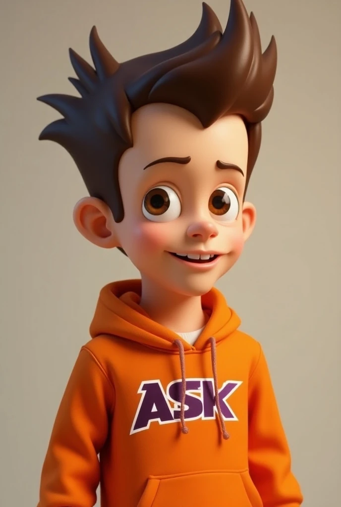  Realistic 2009 Astroboy cartoon with a thin face , 1 ,  looking forward , Leaning to the left ,  Brown hair and style like Futuramas Fry ., brown color,  Big brown eyes looking forward , smiling,  Orange silk-like hooded sweater with the word Ask in a dee...