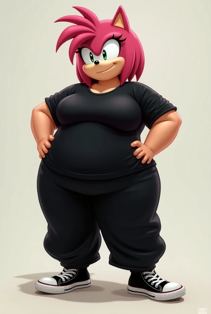 Create a busty Amy Rose in big pants with a big black shirt and big black pants and black shoes converse 