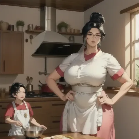 a woman in a kitchen, chi chi from dragon ball super, wife of son goku, mother of son goten and son gohan, standing in the kitch...