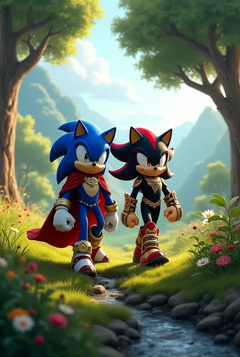 Sonic the Hedgehog as King Arthur from  "Sonic and the black night"  walks with Shadow as Knight Lancelot through nature