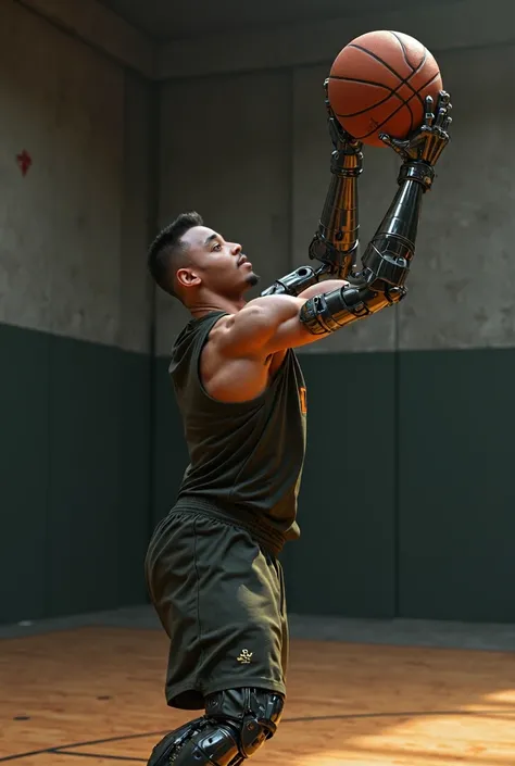 A man with a military haircut , with a robotic arm , Throwing a basketball, realism